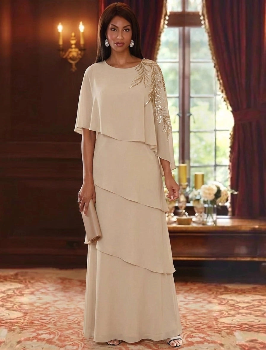 Loverlm champagne beaded cape sleeve tiered chiffon Mother of the Bride dress front view