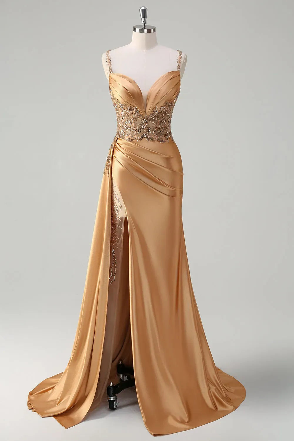 Glamorous Mermaid Sweetheart Beaded Strap Straight Back Train Champagne Prom Dress