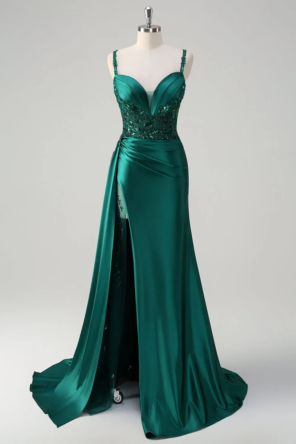 Glamorous Mermaid Sweetheart Beaded Strap Straight Back Train Champagne Prom Dress