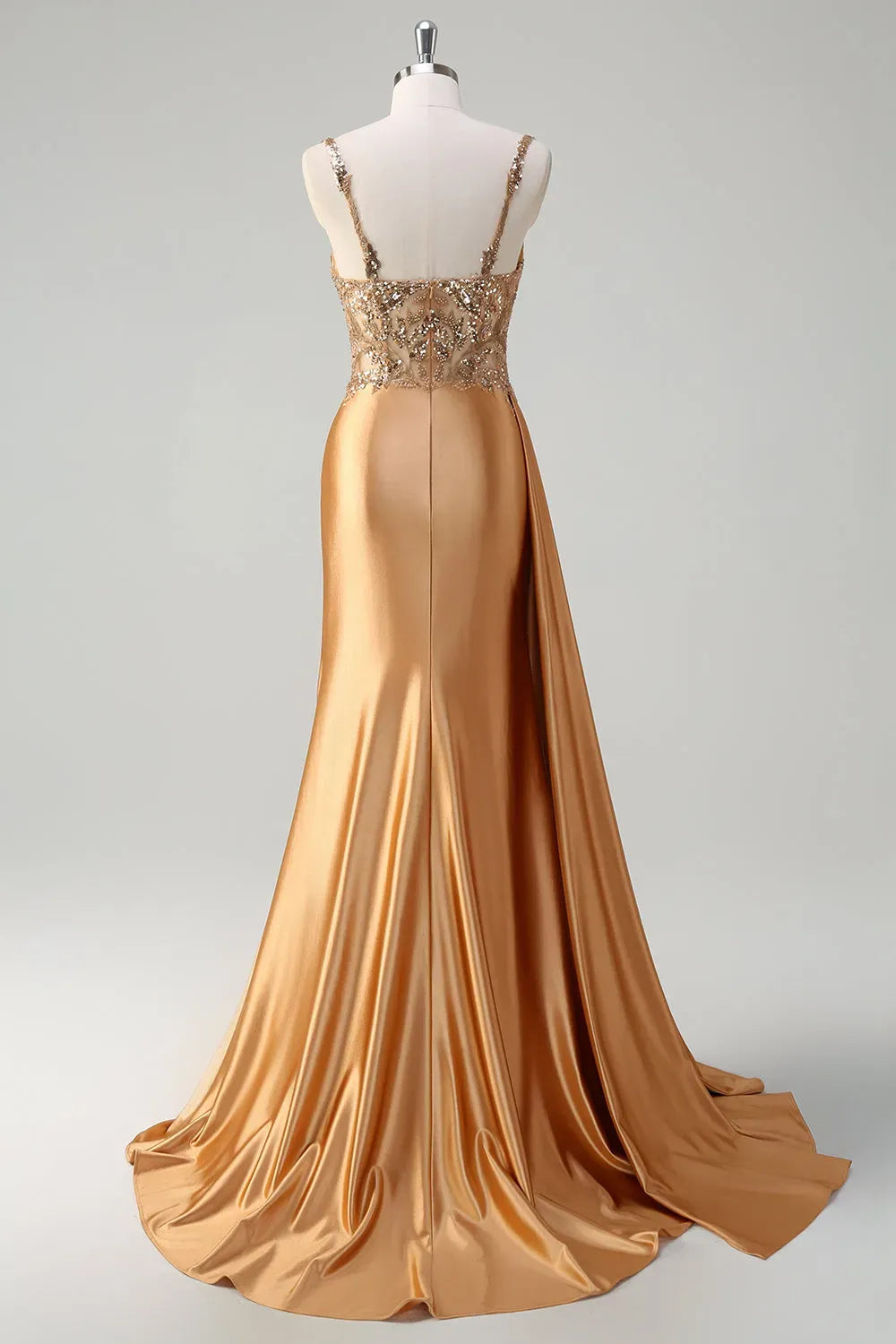 Glamorous Mermaid Sweetheart Beaded Strap Straight Back Train Champagne Prom Dress