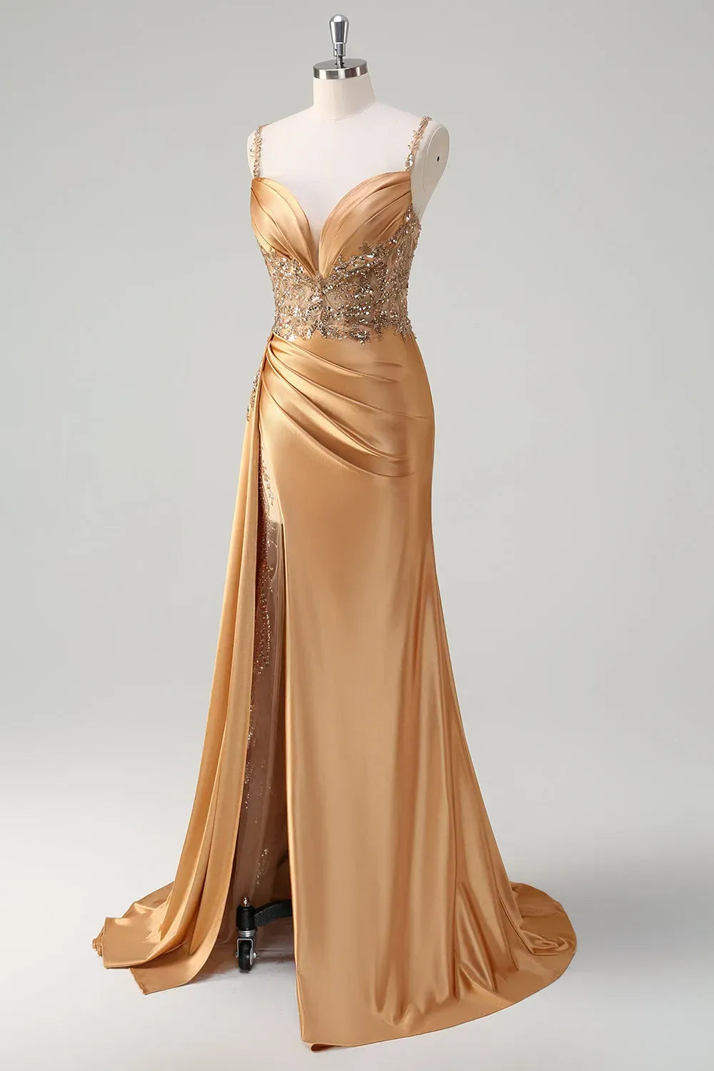 Glamorous Mermaid Sweetheart Beaded Strap Straight Back Train Champagne Prom Dress