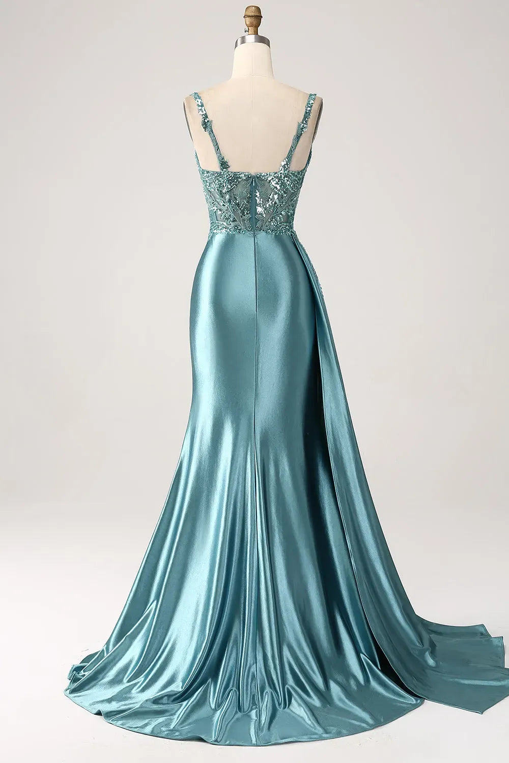 Glamorous Mermaid Sweetheart Beaded Strap Straight Back Train Champagne Prom Dress
