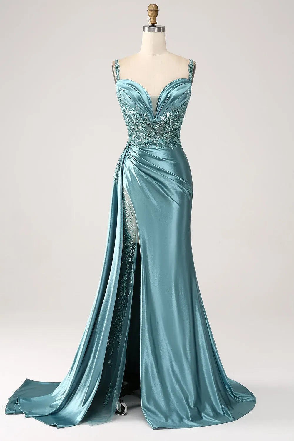 Glamorous Mermaid Sweetheart Beaded Strap Straight Back Train Champagne Prom Dress