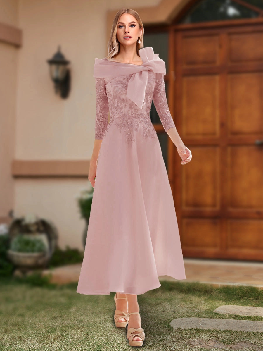 Elegant A-Line Off-Shoulder Three-Quarter-Sleeve Zip-Back Midi Mother of the Bride Dress