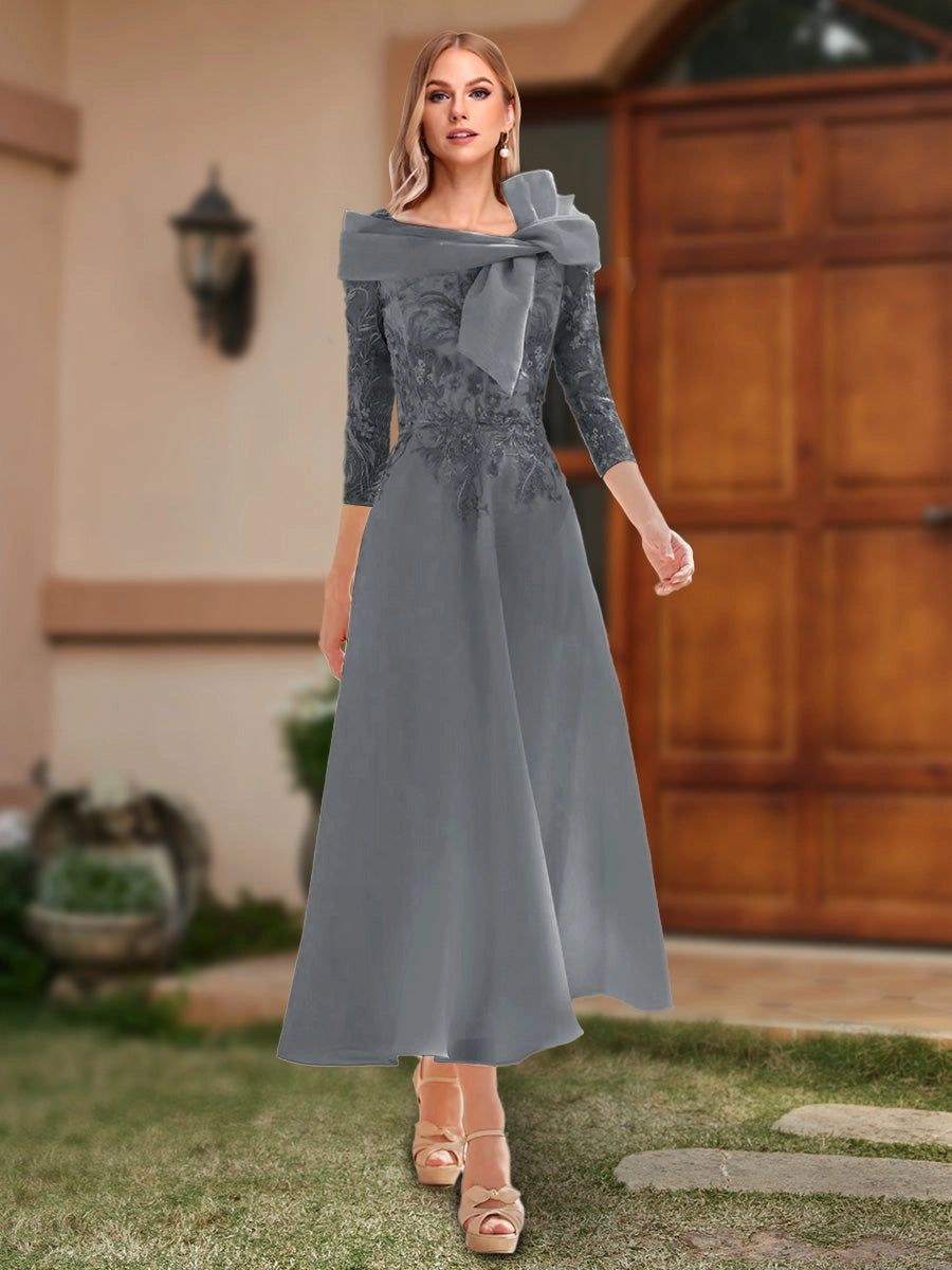 Elegant A-Line Off-Shoulder Three-Quarter-Sleeve Zip-Back Midi Mother of the Bride Dress