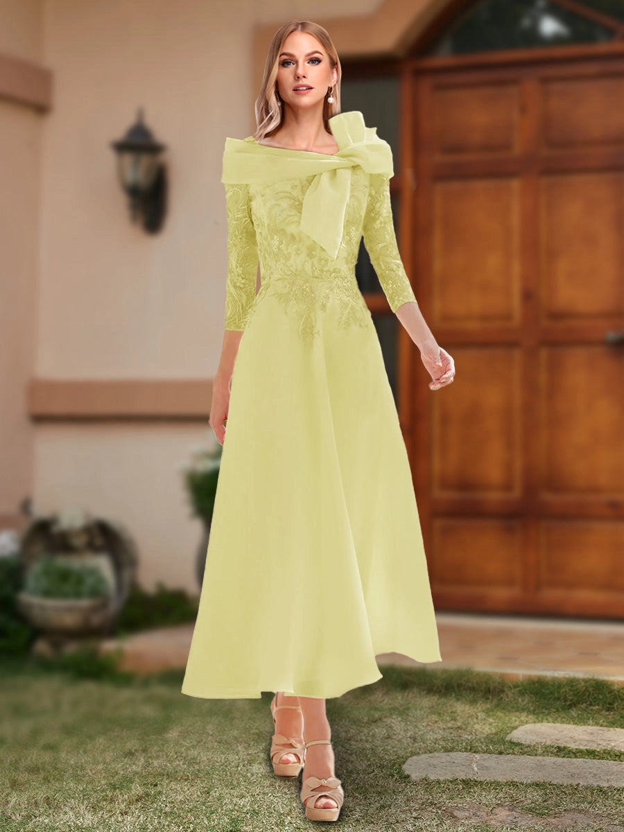 Elegant A-Line Off-Shoulder Three-Quarter-Sleeve Zip-Back Midi Mother of the Bride Dress