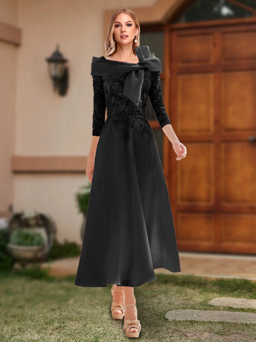 Elegant A-Line Off-Shoulder Three-Quarter-Sleeve Zip-Back Midi Mother of the Bride Dress