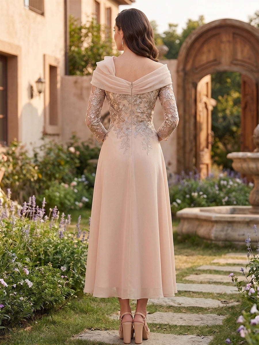 Elegant A-Line Off-Shoulder Three-Quarter-Sleeve Zip-Back Midi Mother of the Bride Dress