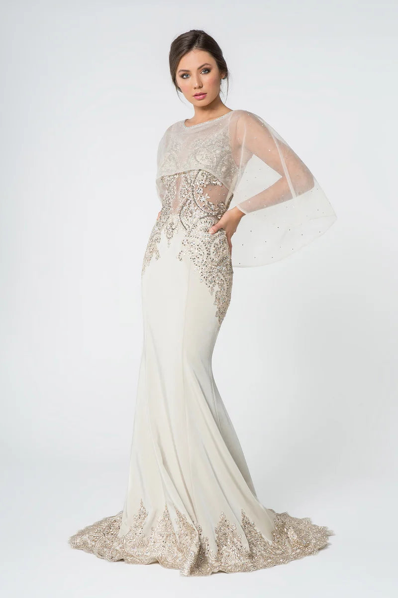 Loverlm champagne embellished mermaid cape sleeve evening dress front view