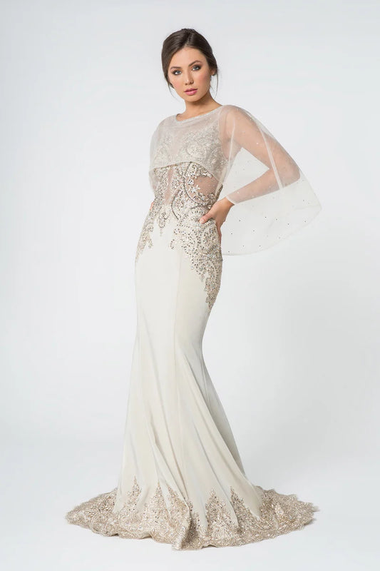 Loverlm champagne embellished mermaid cape sleeve evening dress front view