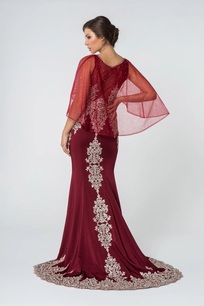 Elegant Mermaid Illusion Neck Cape-Sleeve V-Back Floor-Length Evening Dress