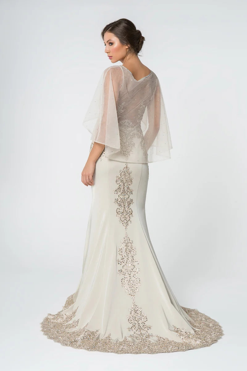 Elegant Mermaid Illusion Neck Cape-Sleeve V-Back Floor-Length Evening Dress