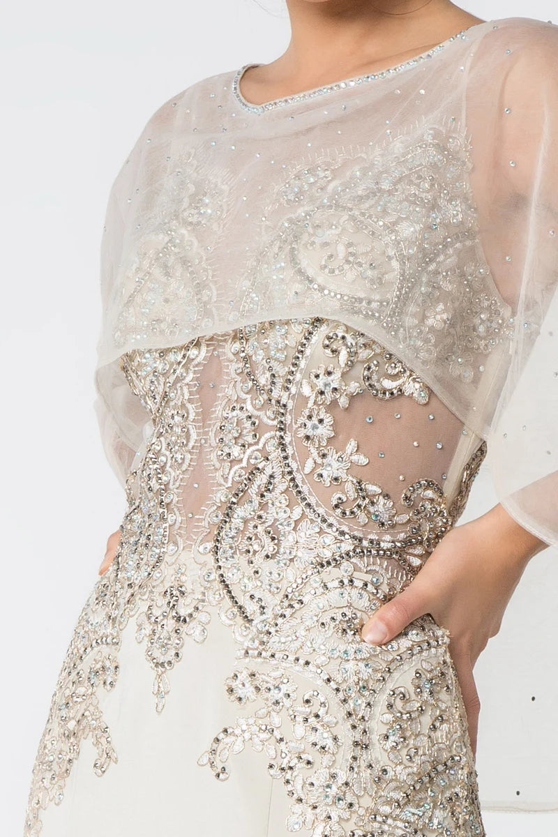 Elegant Mermaid Illusion Neck Cape-Sleeve V-Back Floor-Length Evening Dress