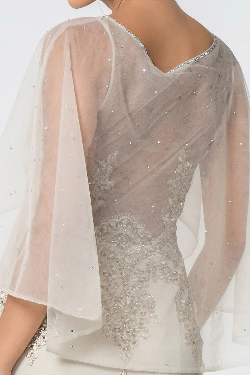 Elegant Mermaid Illusion Neck Cape-Sleeve V-Back Floor-Length Evening Dress