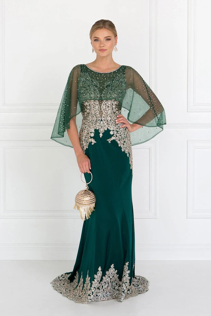 Elegant Mermaid Illusion Neck Cape-Sleeve V-Back Floor-Length Evening Dress