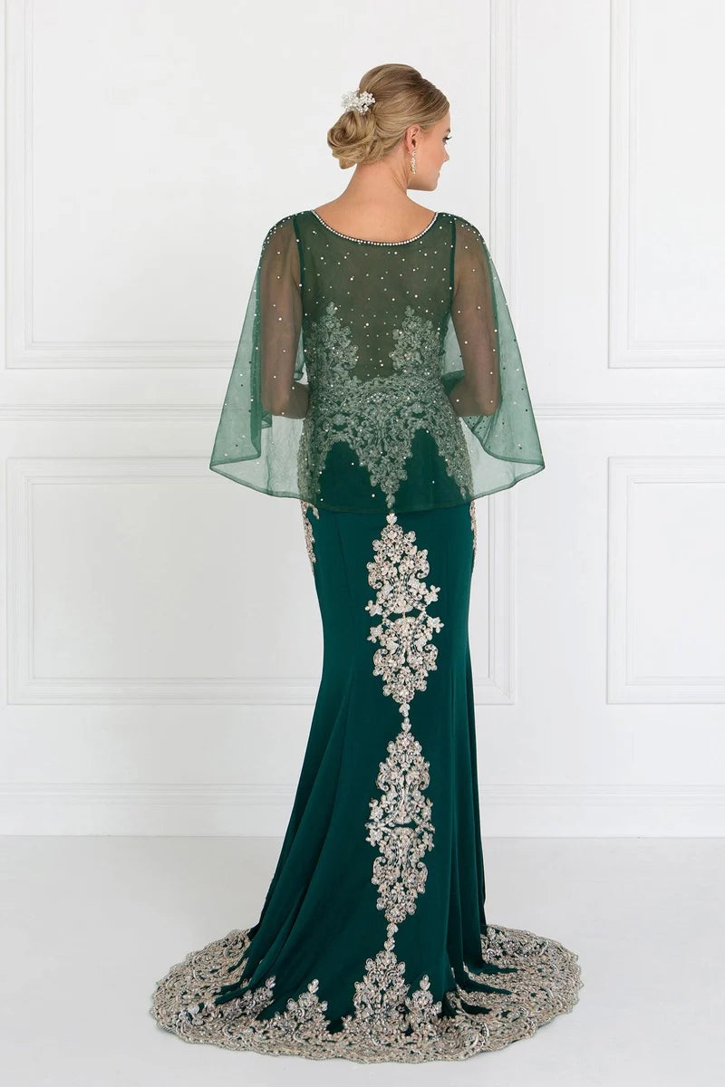 Elegant Mermaid Illusion Neck Cape-Sleeve V-Back Floor-Length Evening Dress