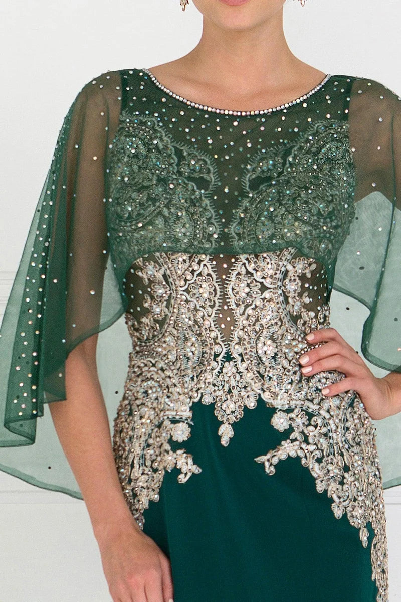 Elegant Mermaid Illusion Neck Cape-Sleeve V-Back Floor-Length Evening Dress