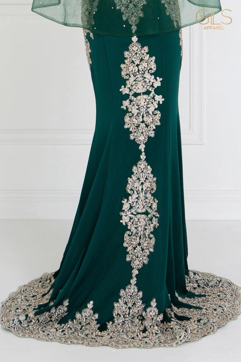 Elegant Mermaid Illusion Neck Cape-Sleeve V-Back Floor-Length Evening Dress
