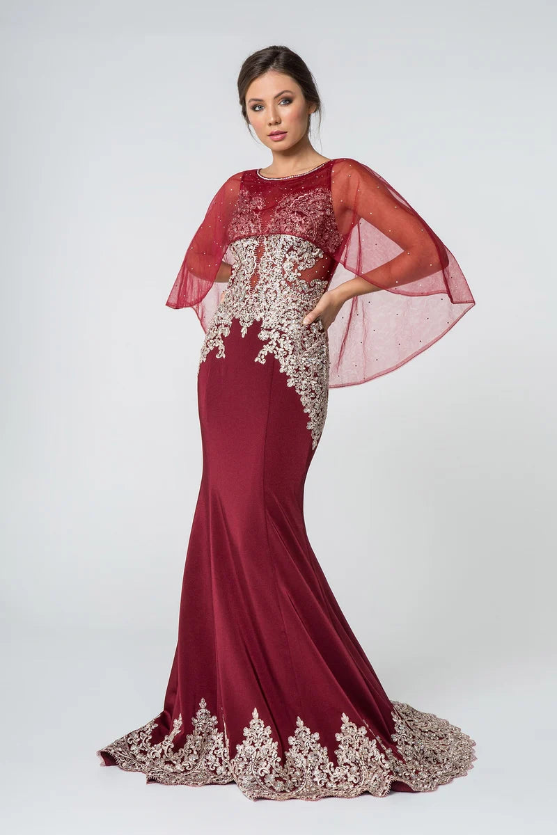 Elegant Mermaid Illusion Neck Cape-Sleeve V-Back Floor-Length Evening Dress