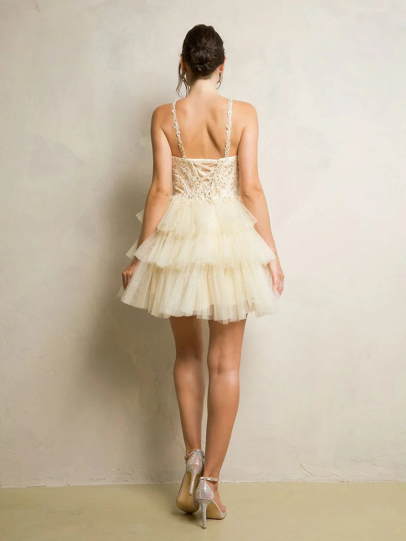 Glamorous A-Line High-Neck Sleeveless Lace-Up Tiered Mini Homecoming Dress