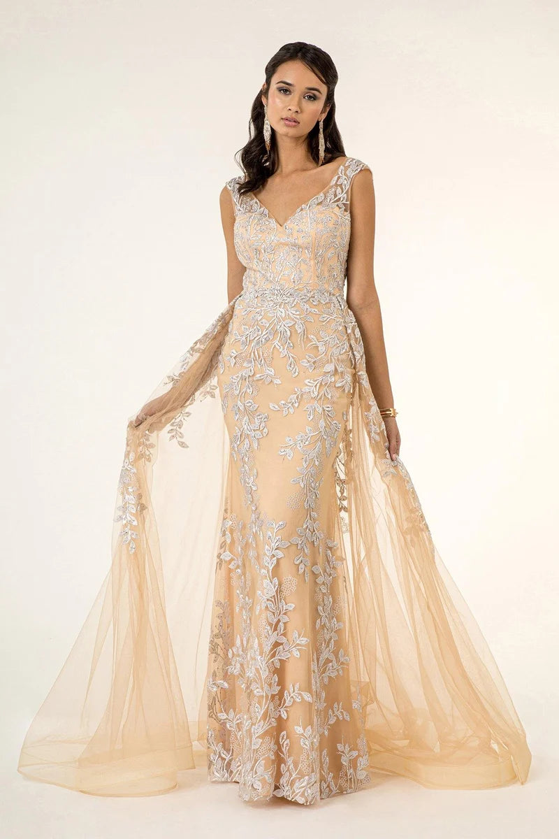 Loverlm champagne embroidered V-neck tulle overskirt prom dress front view