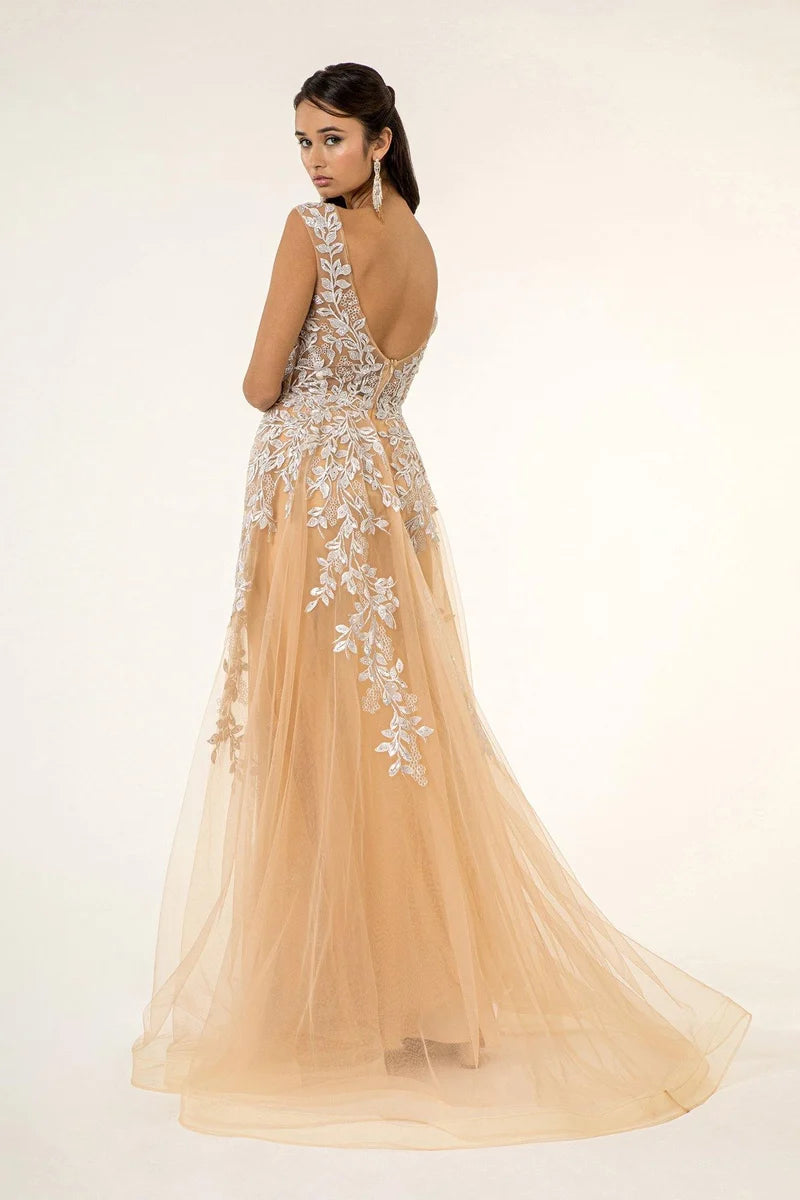 Elegant Column V-Neck Sleeveless Low-Back Tulle Overskirt Floor-Length Prom Dress