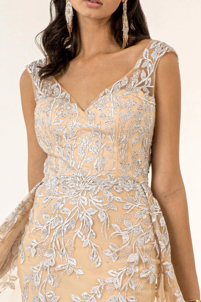 Elegant Column V-Neck Sleeveless Low-Back Tulle Overskirt Floor-Length Prom Dress