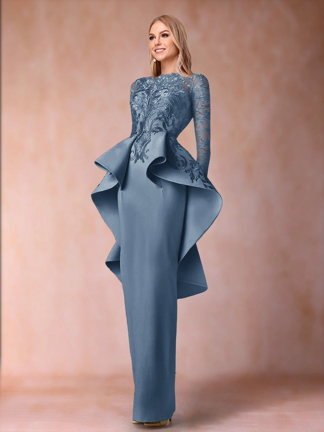 Elegant Sheath High Neck Long Sleeve Closed Back Floor Length Mother of the Bride Dress