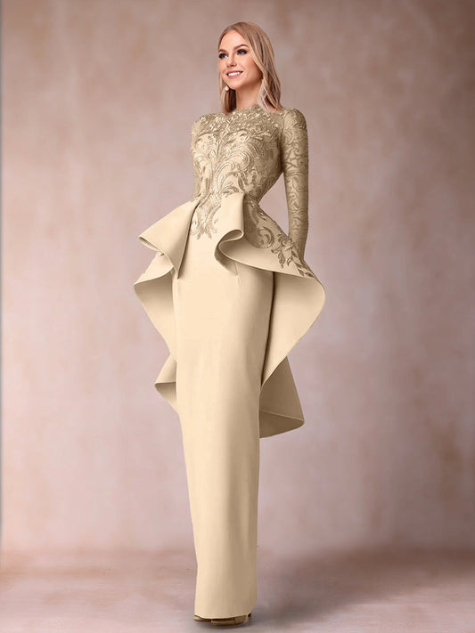 Champagne embroidered Mother of the Bride Dress with high neckline, long sleeves, sculptural peplum and floor-length sheath skirt by Loverlm.