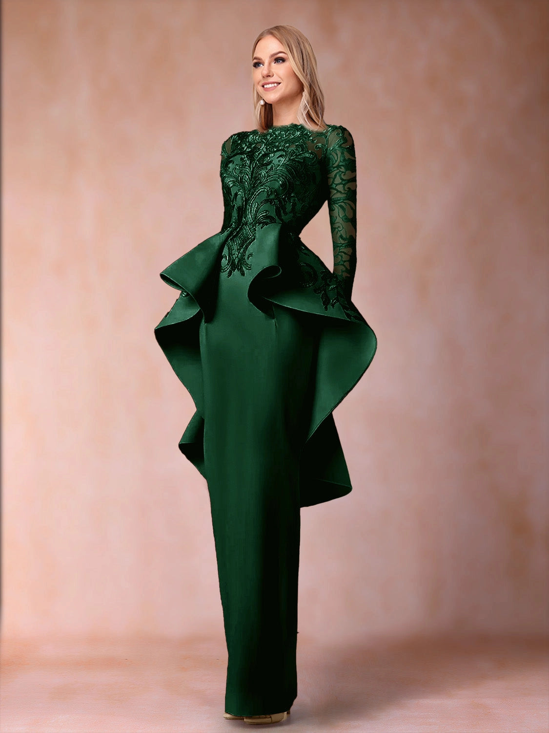 Elegant Sheath High Neck Long Sleeve Closed Back Floor Length Mother of the Bride Dress