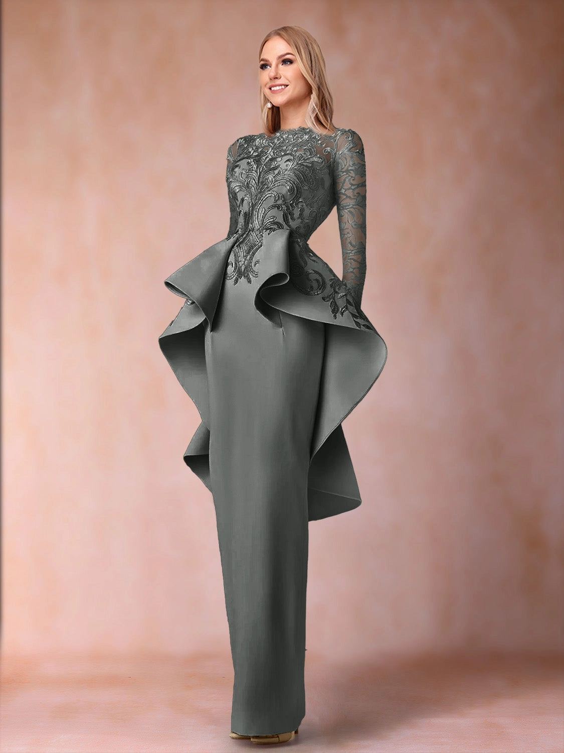 Elegant Sheath High Neck Long Sleeve Closed Back Floor Length Mother of the Bride Dress