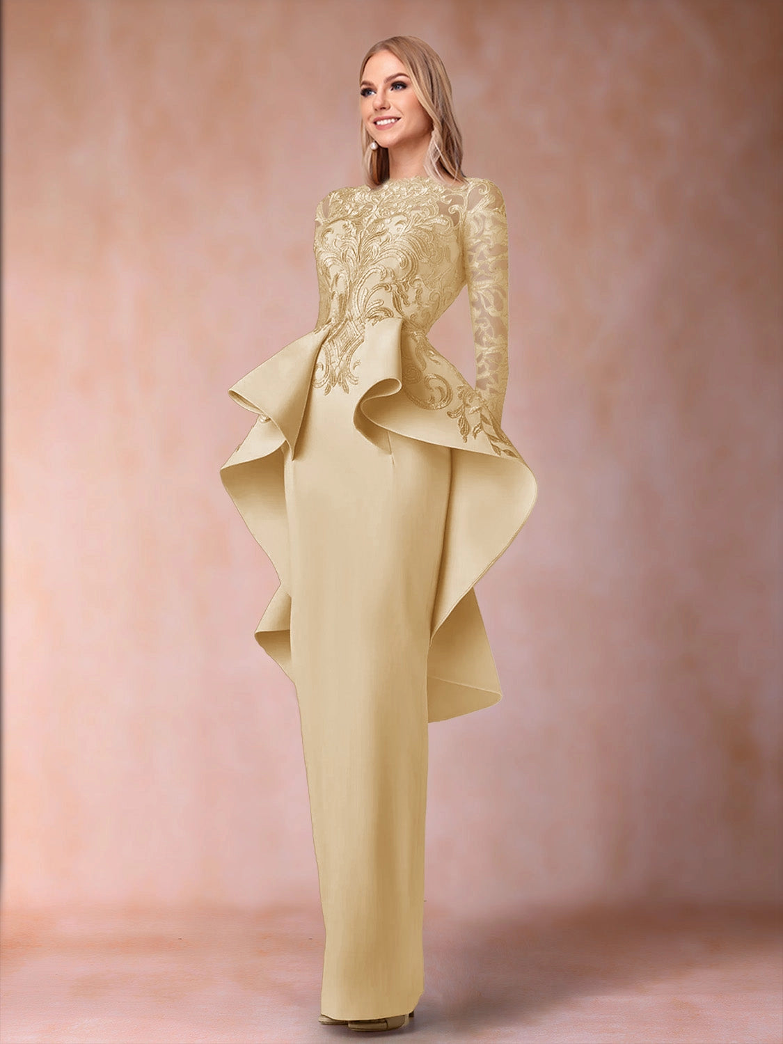 Elegant Sheath High Neck Long Sleeve Closed Back Floor Length Mother of the Bride Dress