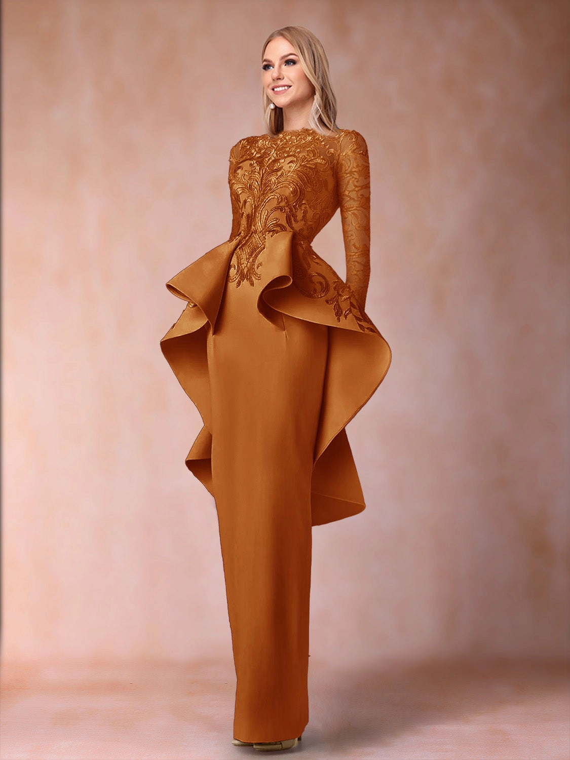 Elegant Sheath High Neck Long Sleeve Closed Back Floor Length Mother of the Bride Dress