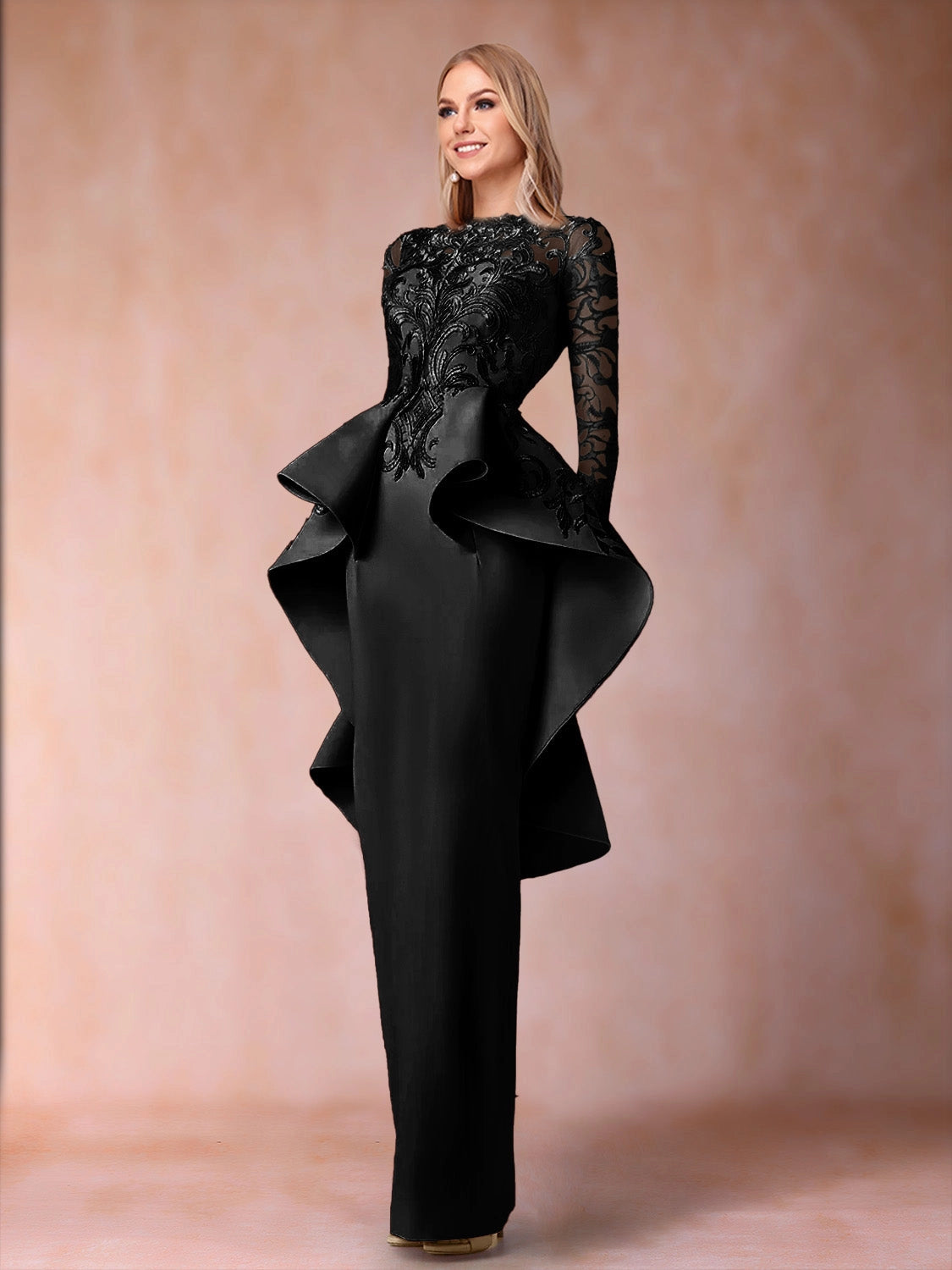Elegant Sheath High Neck Long Sleeve Closed Back Floor Length Mother of the Bride Dress