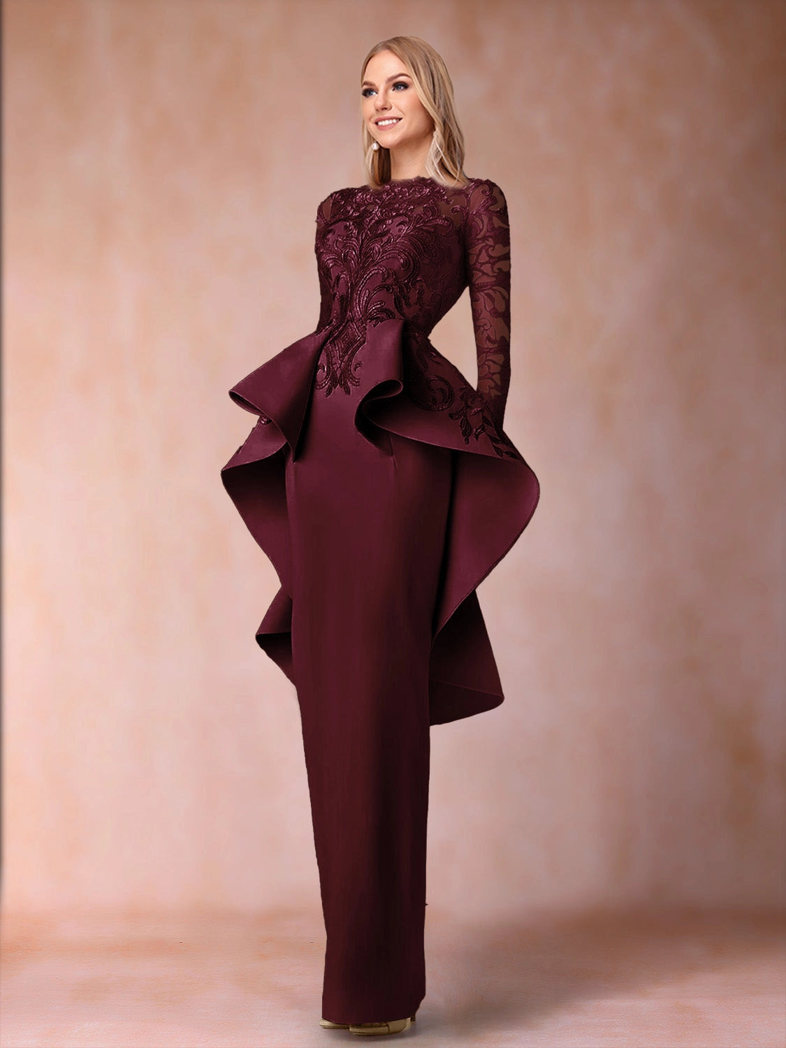 Elegant Sheath High Neck Long Sleeve Closed Back Floor Length Mother of the Bride Dress