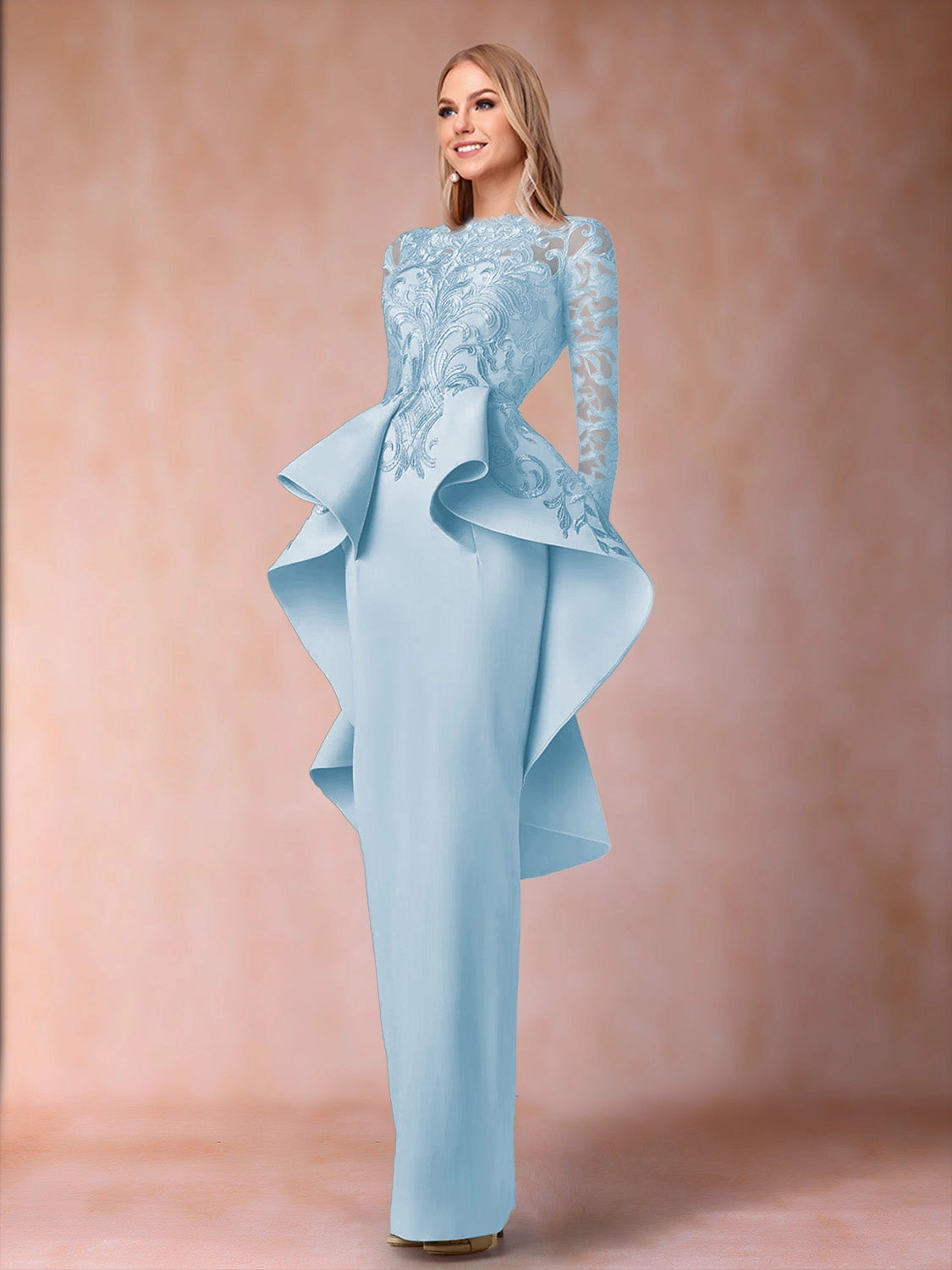 Elegant Sheath High Neck Long Sleeve Closed Back Floor Length Mother of the Bride Dress
