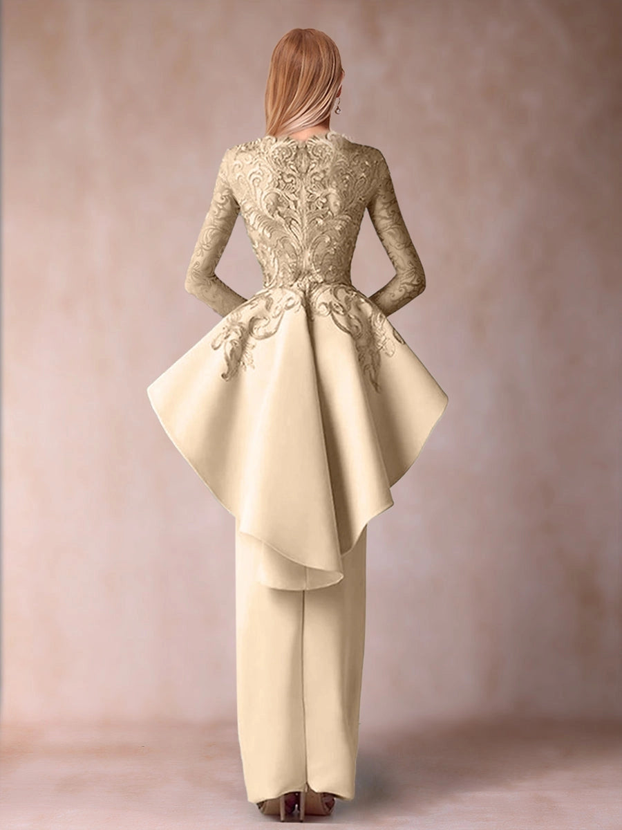 Elegant Sheath High Neck Long Sleeve Closed Back Floor Length Mother of the Bride Dress