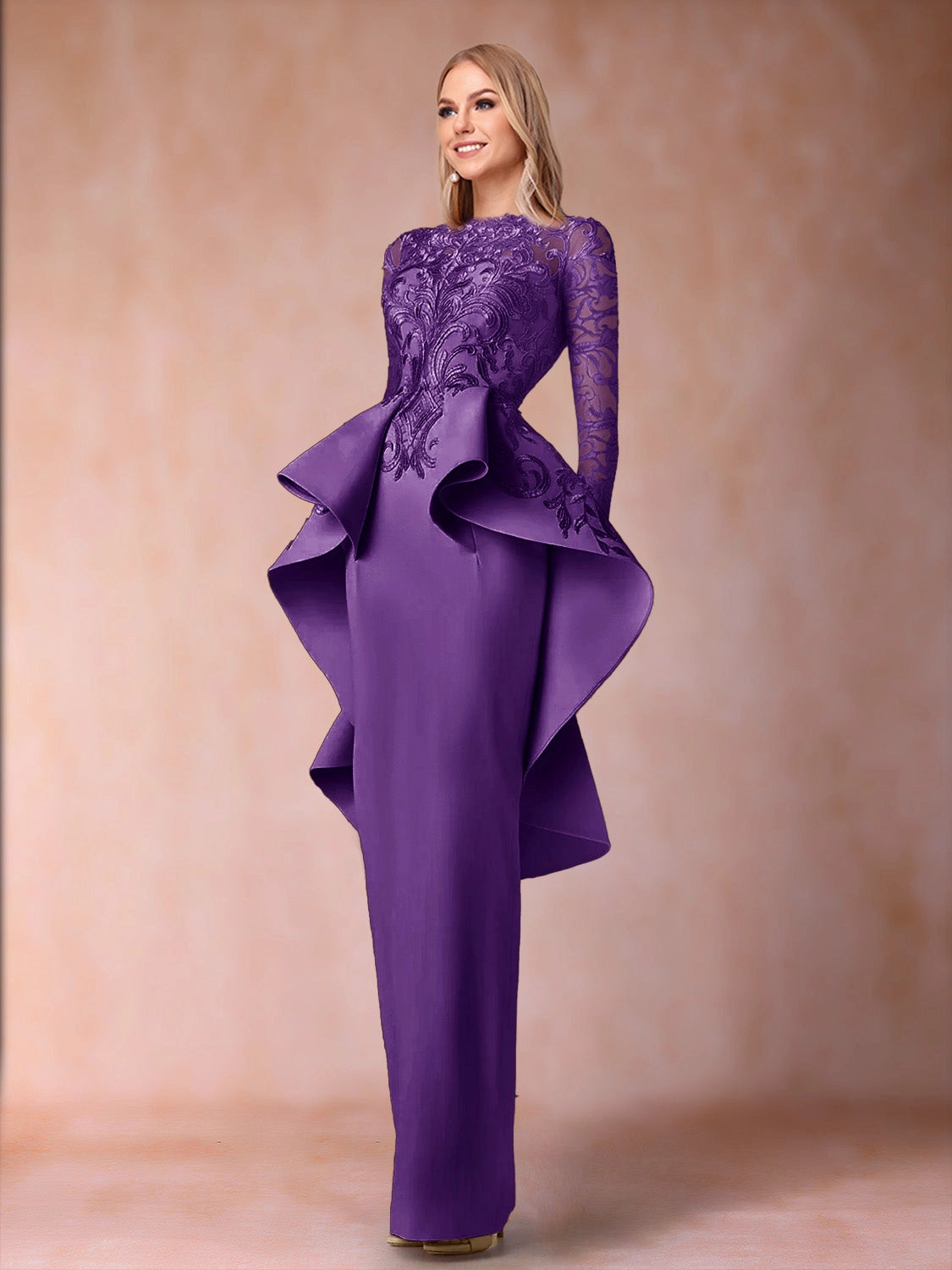 Elegant Sheath High Neck Long Sleeve Closed Back Floor Length Mother of the Bride Dress