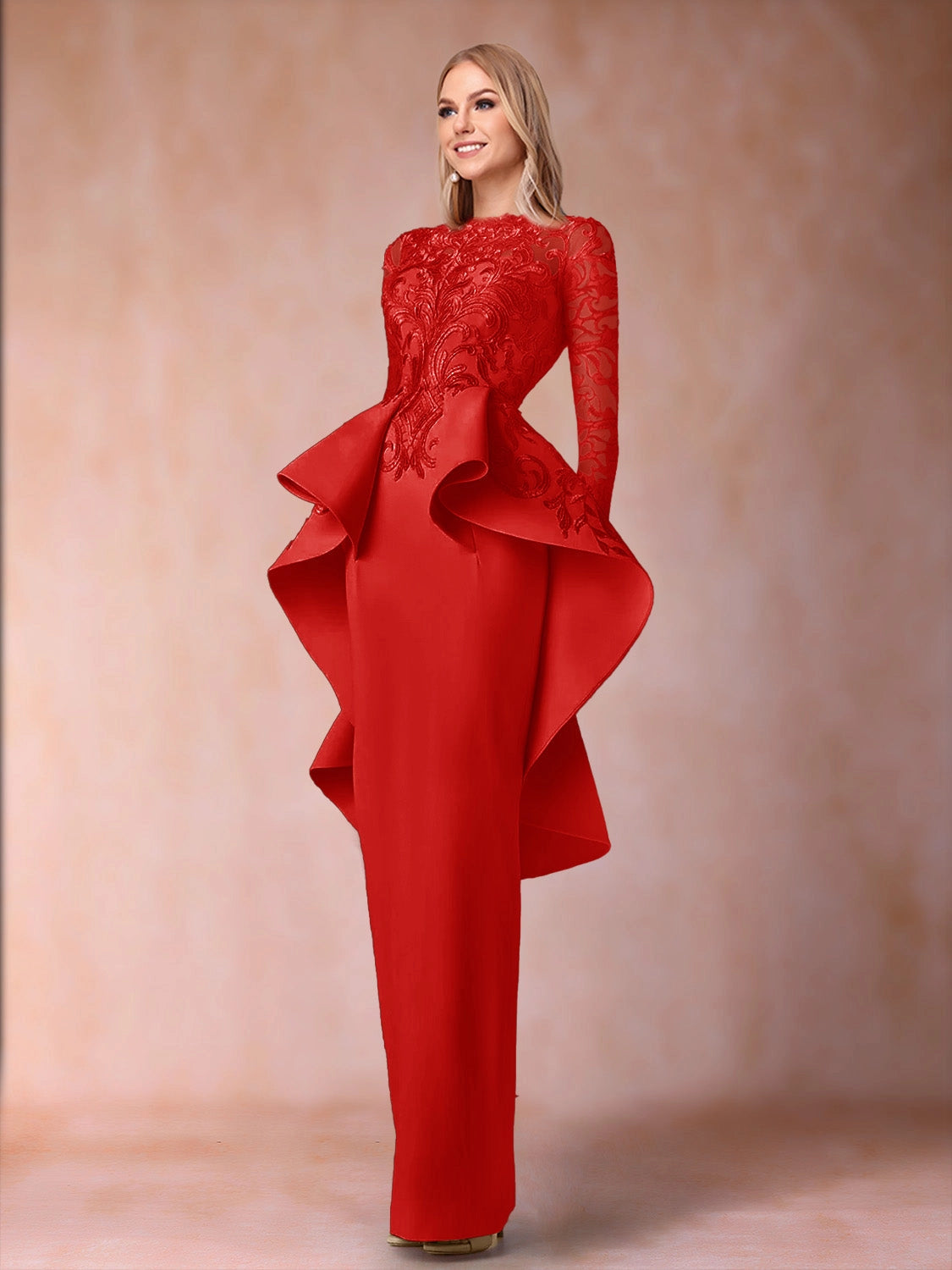 Elegant Sheath High Neck Long Sleeve Closed Back Floor Length Mother of the Bride Dress