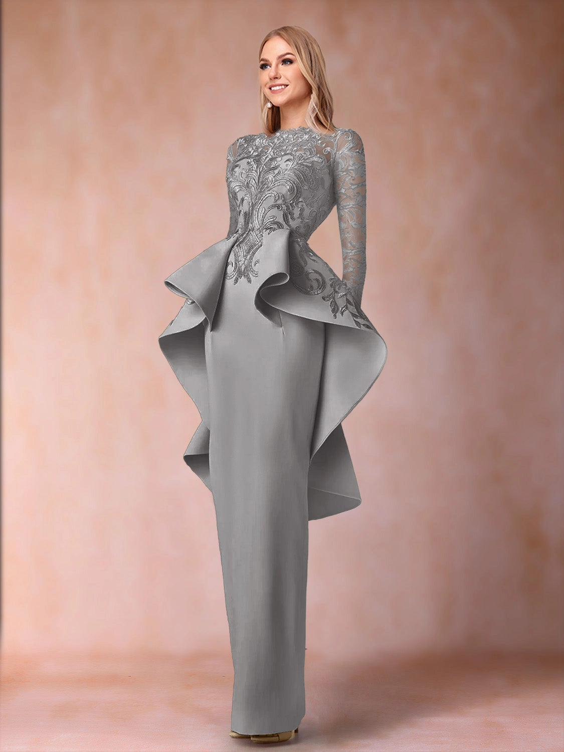 Elegant Sheath High Neck Long Sleeve Closed Back Floor Length Mother of the Bride Dress