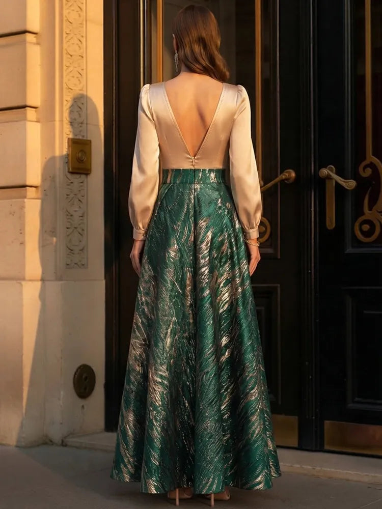 Elegant A-Line V-Neck Long-Sleeve Metallic Floor-Length Mother of the Bride Dress