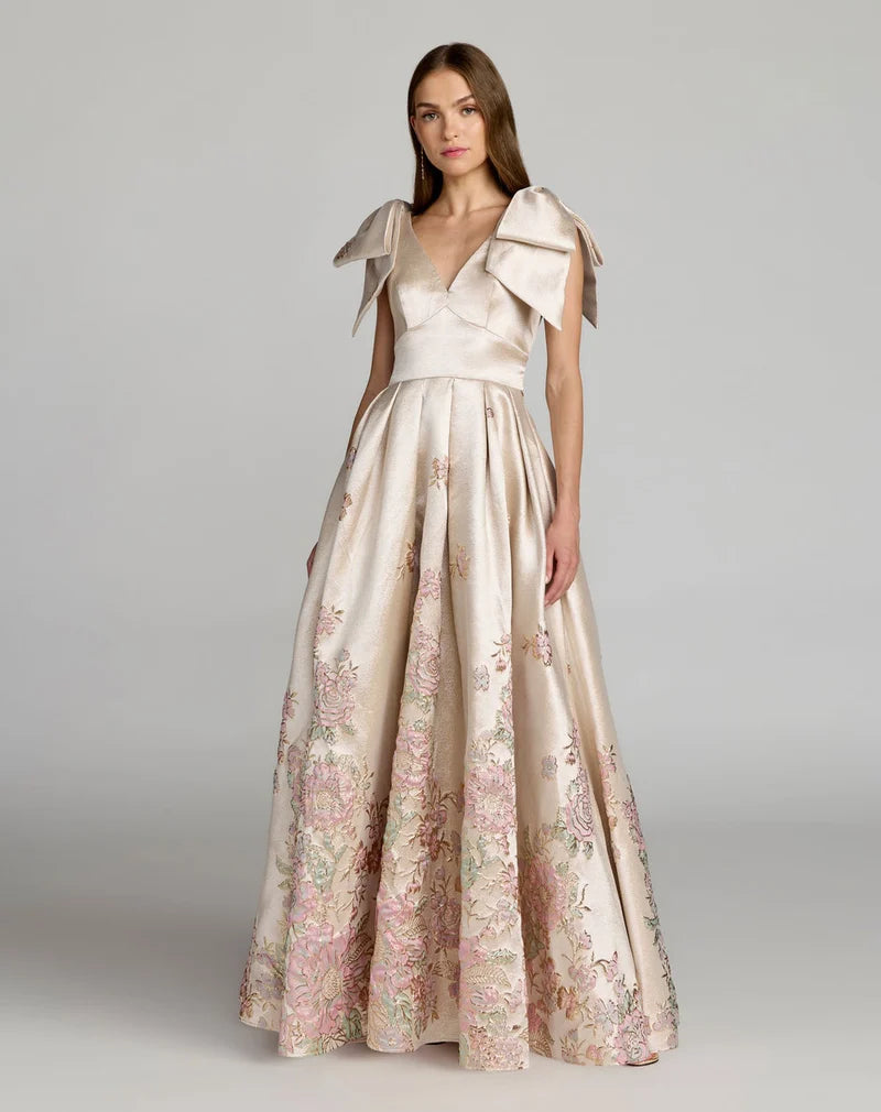 Loverlm champagne floral A-line prom dress with V-neck and bow shoulders