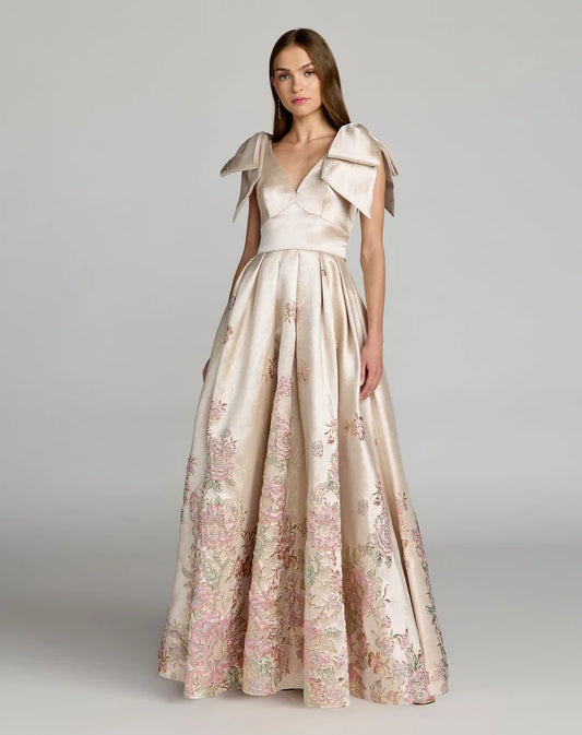 Loverlm champagne floral A-line prom dress with V-neck and bow shoulders