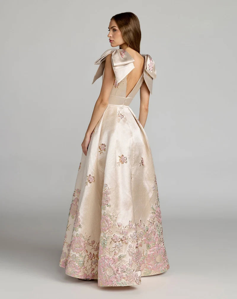 Elegant A-Line V-Neck Bow-Shoulder V-Back Floral Floor-Length Prom Dress