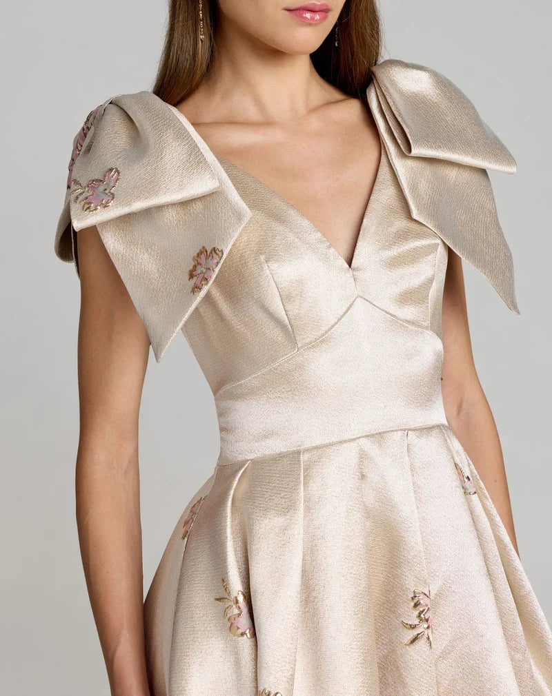Elegant A-Line V-Neck Bow-Shoulder V-Back Floral Floor-Length Prom Dress