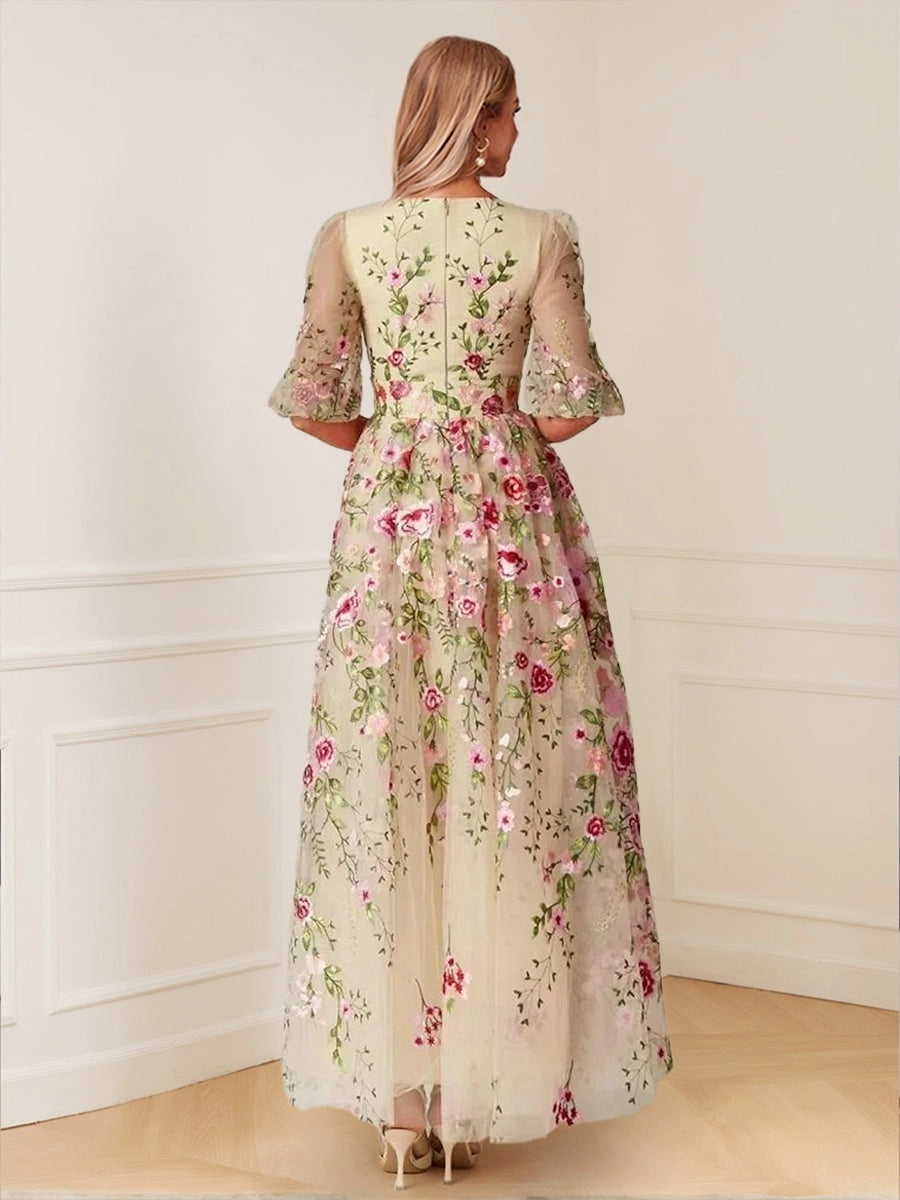 Romantic A-Line V-Neck Puff-Sleeve Floral Embroidered Ankle-Length Wedding Guest Dress