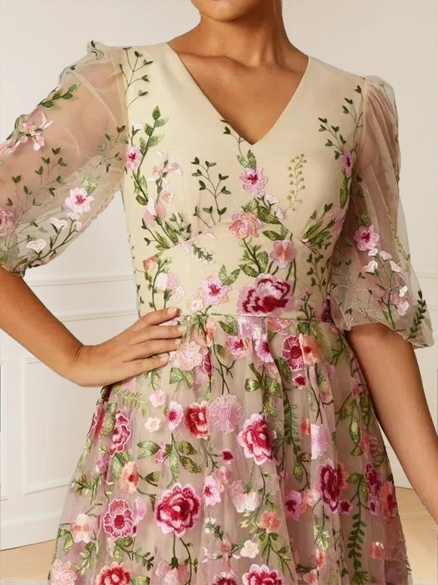 Romantic A-Line V-Neck Puff-Sleeve Floral Embroidered Ankle-Length Wedding Guest Dress