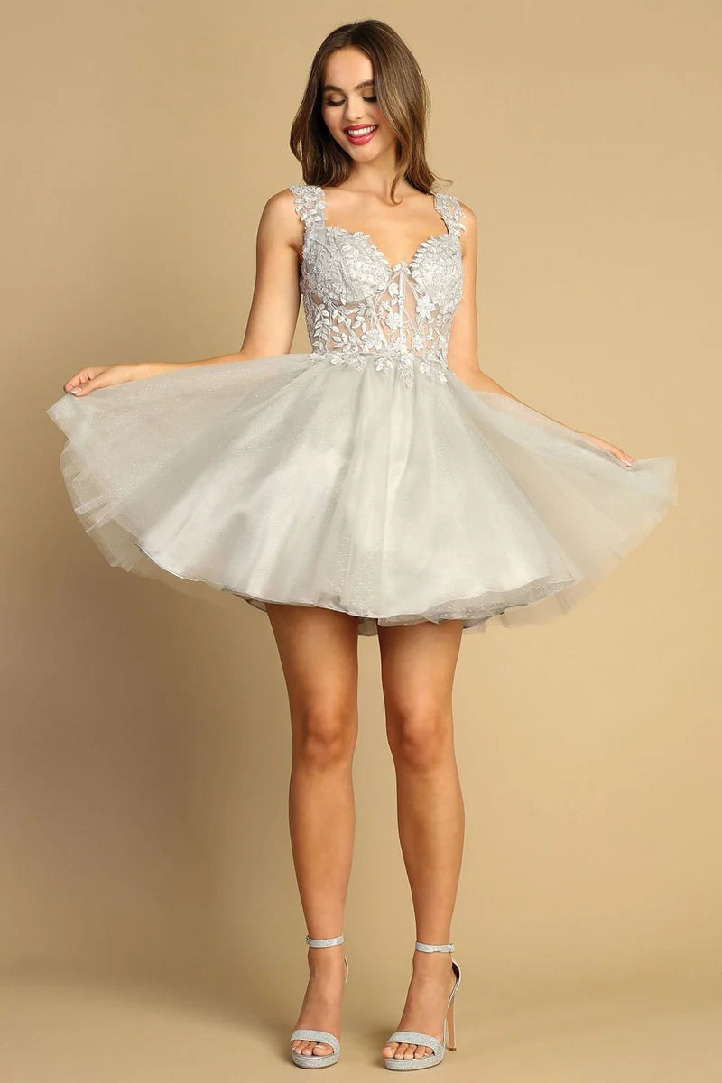 Romantic A-Line V-Neck Sleeveless Low-Back Tulle Mini Homecoming Dress