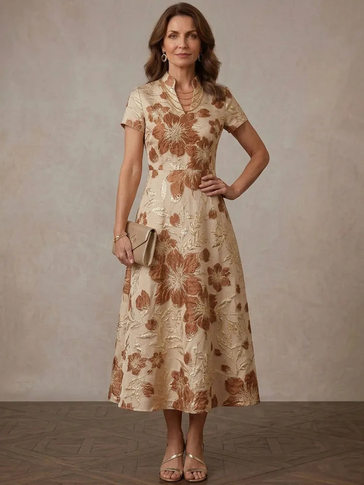 Loverlm champagne Mother of the Bride dress with Mandarin collar short sleeves bronze floral jacquard defined waist and A-line skirt