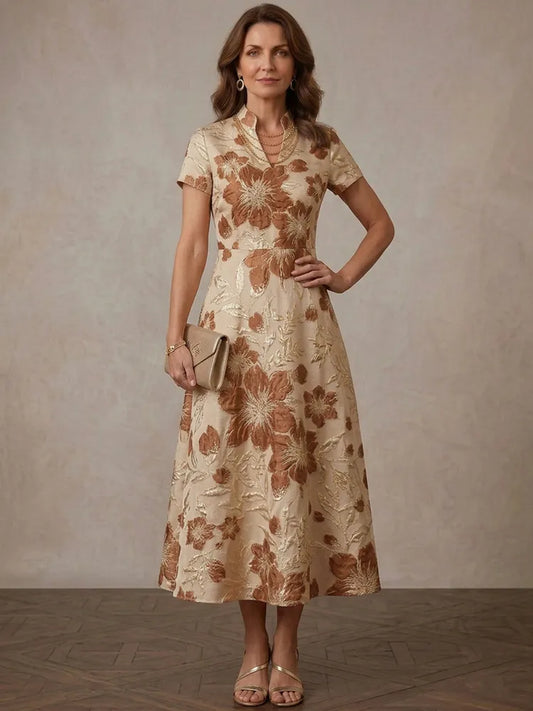 Loverlm champagne Mother of the Bride dress with Mandarin collar short sleeves bronze floral jacquard defined waist and A-line skirt
